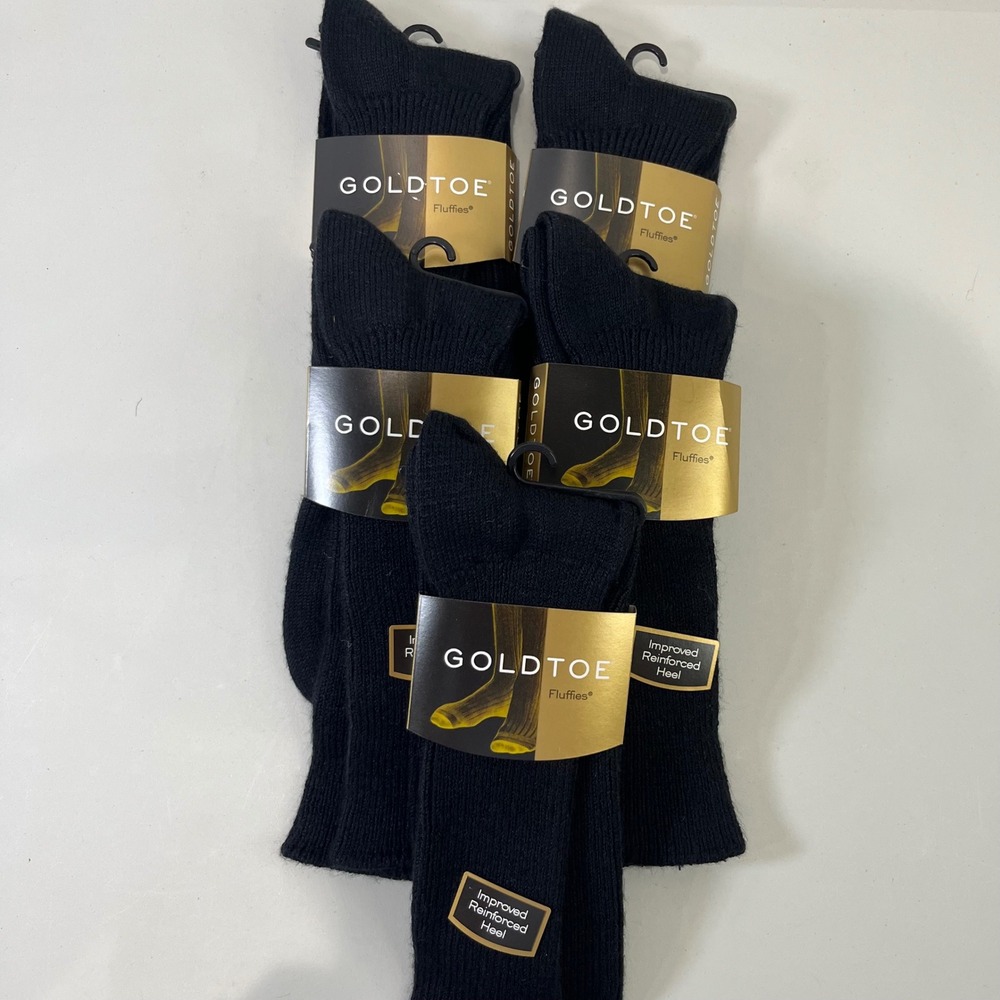 Gold Toe Fluffies Crew Socks Mens 10-13 Black Lot of 5 New Comfort Business